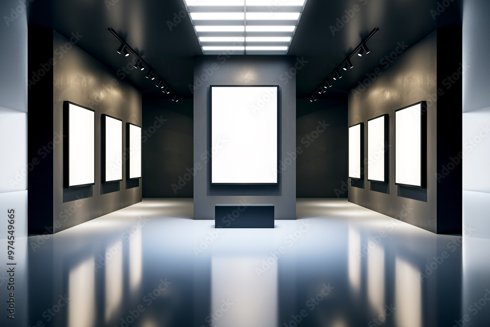 Poster Modern art gallery with blank frames and spotlights. 3D Rendering