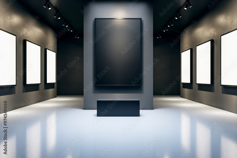 Aufkleber modern art gallery interior with blank frames and dark walls. 3d rendering