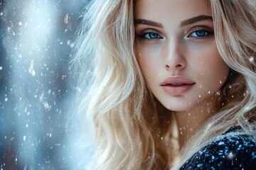 Portrait of a Blonde Woman with Blue Eyes in Snowy Weather