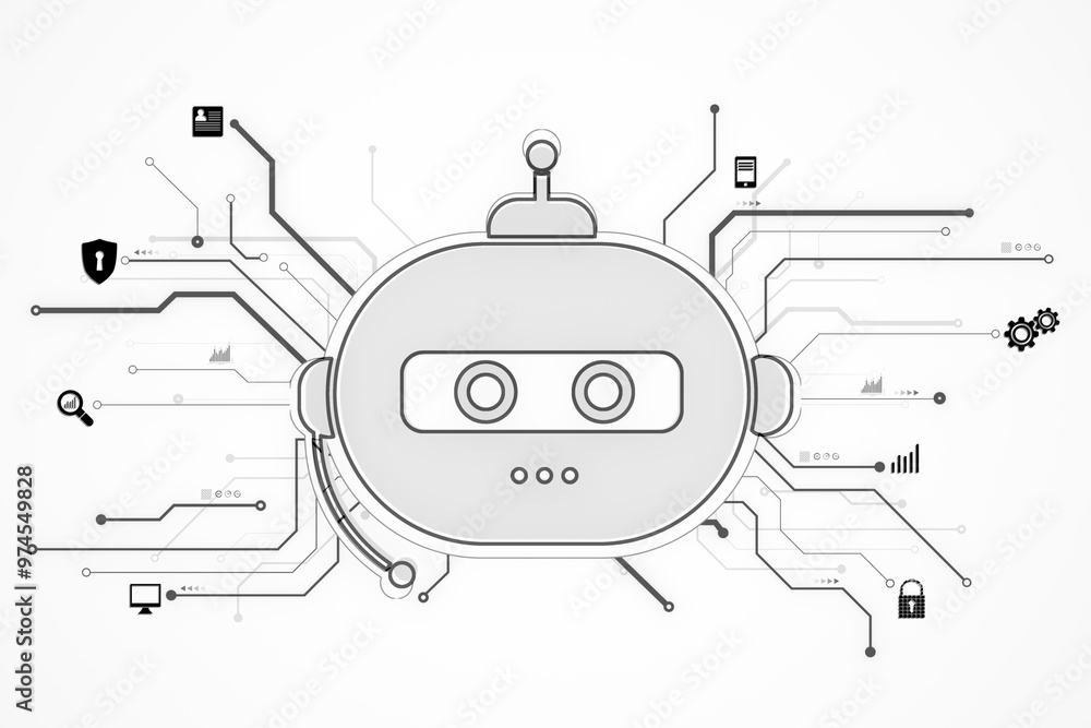Poster Digital robot head with circuit connections, white background, concept of artificial intelligence, technology, digital design. 3D Rendering