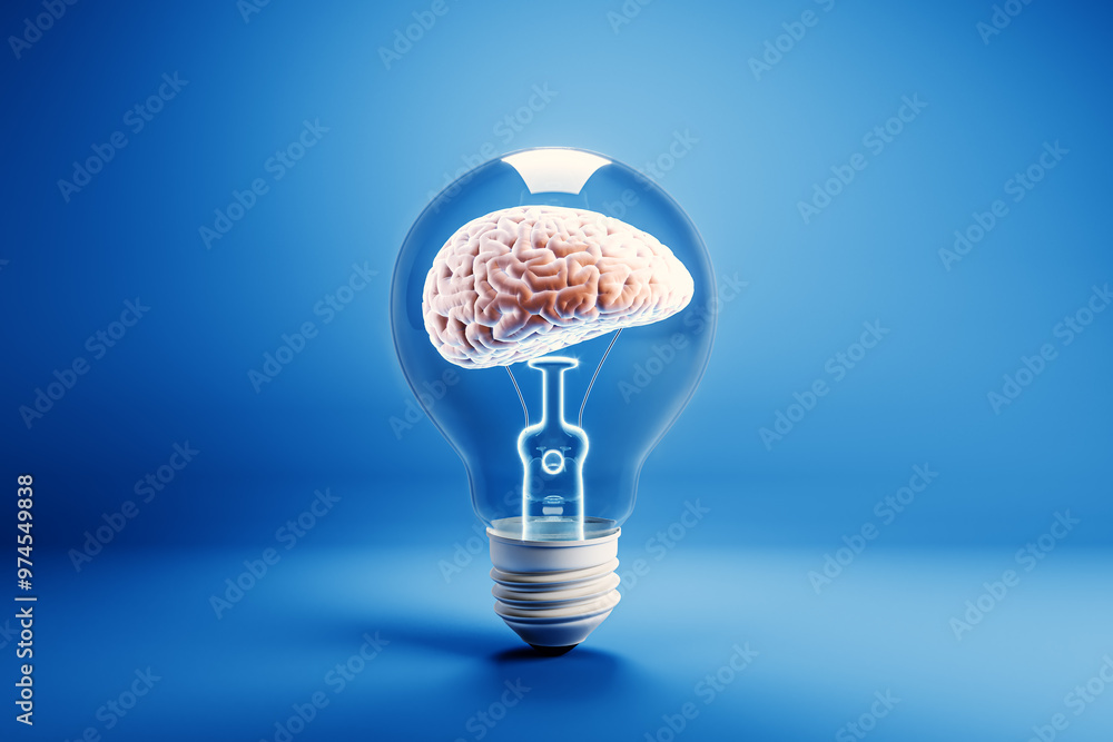 Poster Brain inside a lightbulb on blue background representing creativity and innovation. 3D Rendering
