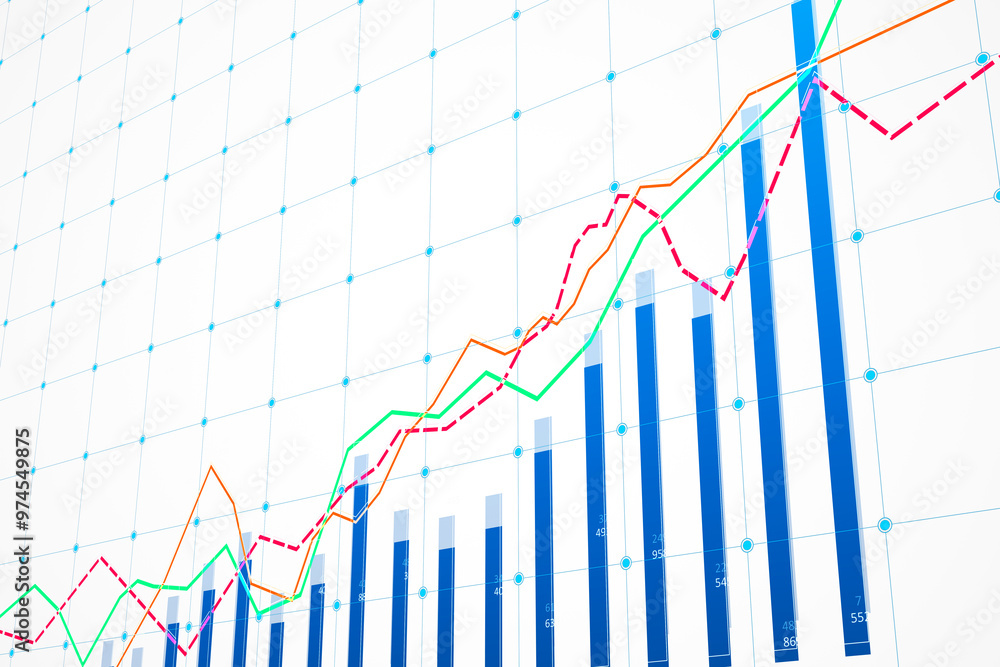 Fototapete Business graph with bar and line charts in various colors on a white background. Concept of financial growth and data analysis. 3D Rendering