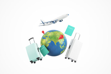 Travel essentials including a globe, passports, luggage, and an airplane on a white background,...