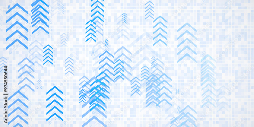 Poster Abstract blue arrows and grid pattern on a light background. Concept of growth, progress, and data analytics. 3D Rendering