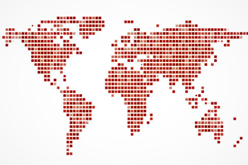 Digital world map made of red squares on a white background. Modern and abstract design. Concept...