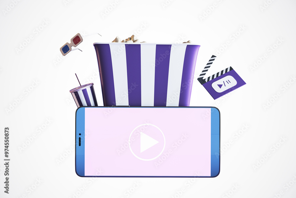 Poster Smartphone displaying a play button with popcorn, 3D glasses, drink, and clapperboard. Isolated on a white background. Concept of digital movies. 3D Rendering