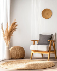Minimalist living room interior design composition with Scandinavian furniture and a large window providing natural lighting to the room. Apartment interiors with ample copyspace and minimal decor.