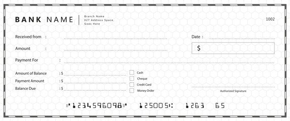 Obraz premium Empty money cheque. Bank check. check book template with pattern and blank fields. Currency payment coupon, US dollar check background