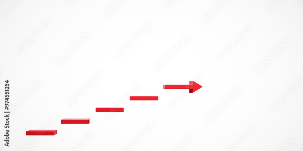 Poster red arrow and steps on white background. minimalist design. concept of business growth, development,