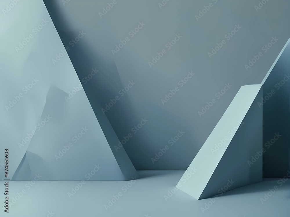 Poster abstract geometric design of cubes and planes, layered in cool tones with smooth, matte textures and