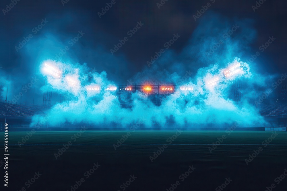 Wall mural dramatic stadium illumination powerful floodlights piercing night sky billowing smoke electric atmosphere contrasting darkness intense beams anticipation spectacle