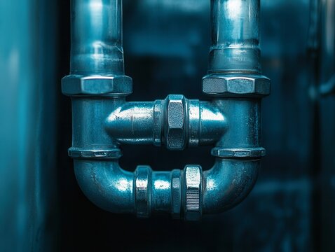 Close-up of metallic pipe fittings showcasing detailed industrial design and craftsmanship in a plumbing setup.