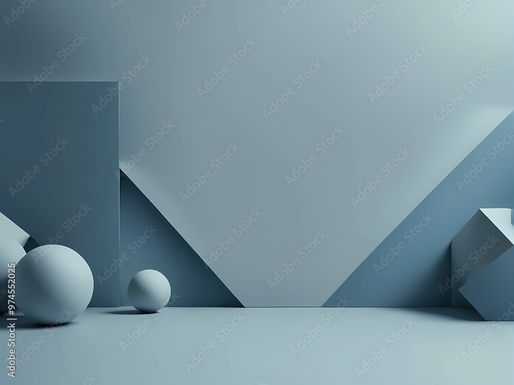Poster monochrome architecture of solid spheres and triangles, arranged in silent symmetry with gentle grad