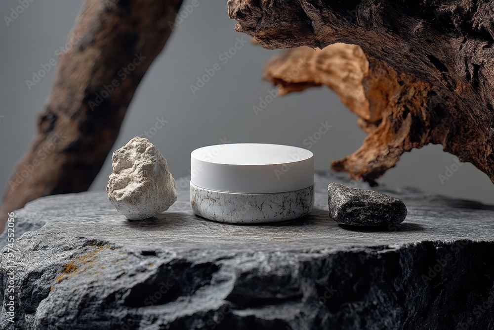 Poster a minimalist display featuring a white container surrounded by natural stones on a textured surface.