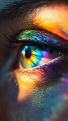 Close-up of eye with rainbow reflections, vibrant colors. Creativity and vision concept