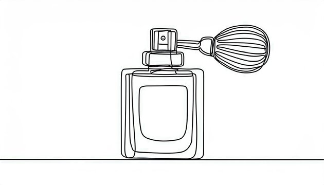 recommend clip art: Single continuous line drawing of perfume bottle with a bulb atomizer; isolated on white background