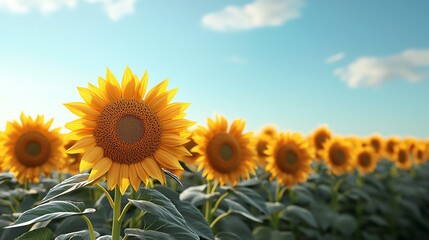 Fototapeta premium Vibrant sunflower field under a clear blue sky, showcasing golden petals and lush green leaves, perfect for summer visuals.