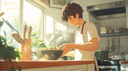Fototapeta premium Anime man Cooking in Modern Kitchen