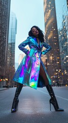 Obraz premium Fashionable woman in holographic trench coat posing in city street, urban style concept