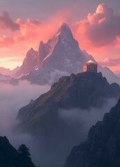 Fototapeta premium Dramatic mountainous landscape with towering peaks of rocky granite emerging from a sea of fluffy pink and orange clouds at sunset, a clear light fortress tower made of white stone ascendin