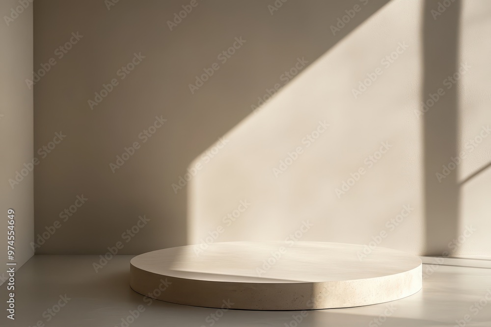 Poster a minimalist display platform in a softly lit corner, ideal for showcasing products.