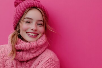Smiling Woman in Pink Knitted Hat and Sweater Against a Pink Wall