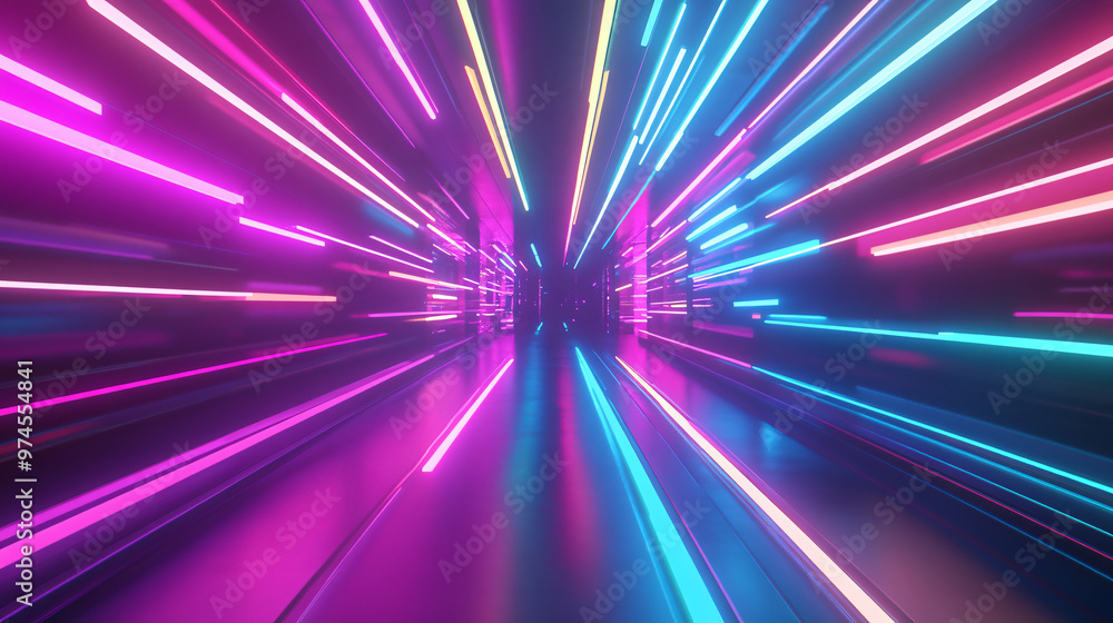 Poster exploring a futuristic tunnel illuminated by vibrant neon lights against a dark backdrop, capturing 
