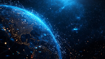 Continents connected by data at night create a glowing planet earth