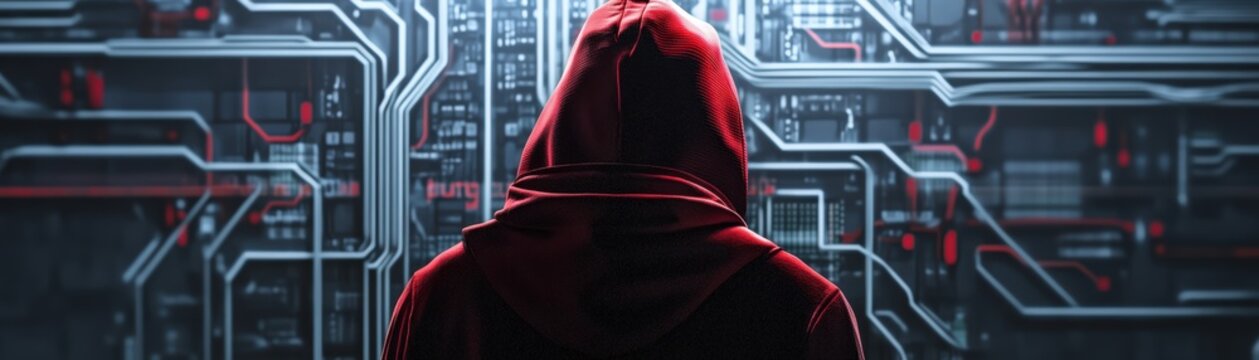 Mysterious Hacker in a red hood installing backdoor hacking IT network pipeline, showing back on ai background, landscape