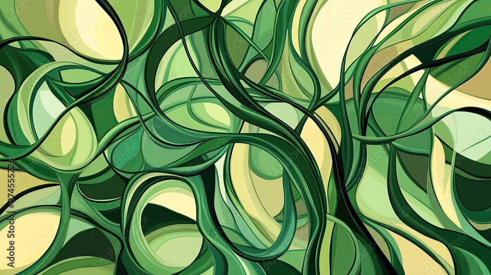 Poster an abstract representation of flowing green curves with a soft color palette, evoking a sense of tra
