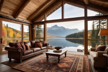 Obraz premium Interior of a wooden cabin by the lake