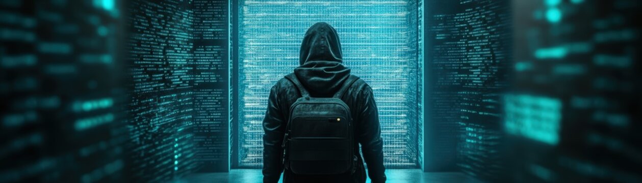 Hacker in a black hood and a backpack standing in front of a wall full with coding installing backdoor in network with high technology, showing back, landscape