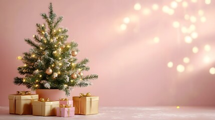 A decorated Christmas tree with a soft pink background, golden gift boxes, and warm fairy lights, creating a cozy and elegant holiday atmosphere with minimalist decor.