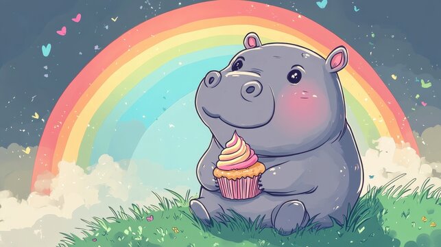 16. A cute pygmy hippo holding a tiny cupcake, sitting on a grassy hill with a rainbow in the background, drawn in a playful sticker style.