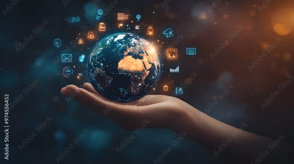 Wall mural Hand with Earth Surrounded by Technology Icons: A hand holding the Earth, surrounded by floating technology icons, symbolizing the digital world's impact on the planet. 
