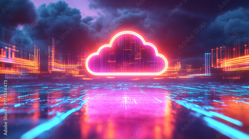 Aufkleber illuminated cloud icon floating above a modern city skyline, representing cloud computing and data s