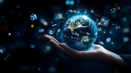 Fototapeta premium Hand with Earth Surrounded by Technology Icons: A hand holding the Earth, surrounded by floating technology icons, symbolizing the digital world's impact on the planet. 
