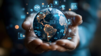 Hand with Earth Surrounded by Technology Icons: A hand holding the Earth, surrounded by floating technology icons, symbolizing the digital world's impact on the planet. 
