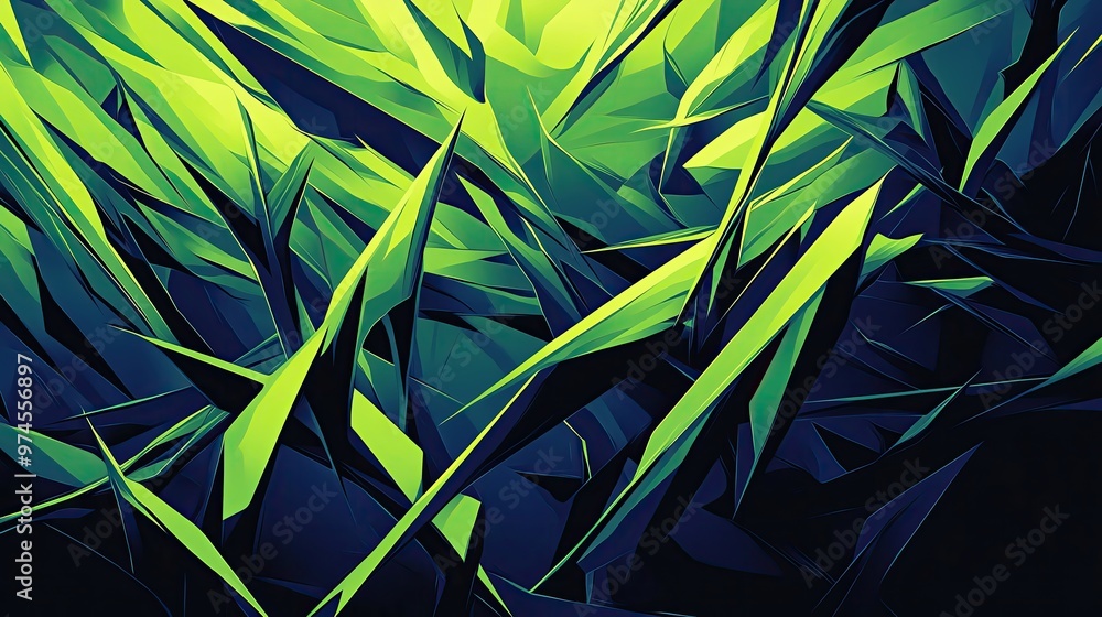 Poster an abstract design featuring sharp green shapes against a dark background, creating a striking visua