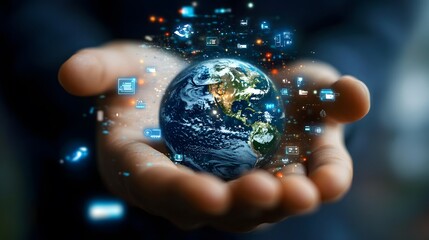 Hand with Earth Surrounded by Technology Icons: A hand holding the Earth, surrounded by floating technology icons, symbolizing the digital world's impact on the planet. 
