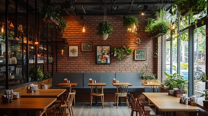 A cozy restaurant with exposed brick walls, rustic wooden furniture, and hanging plants, creating a warm and inviting ambiance for diners