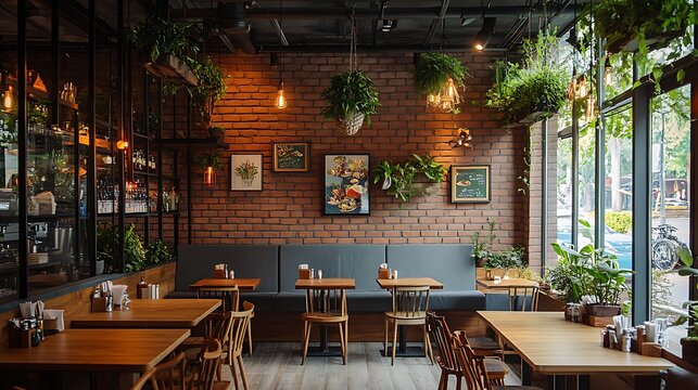 A cozy restaurant with exposed brick walls, rustic wooden furniture, and hanging plants, creating a warm and inviting ambiance for diners