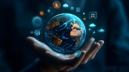 Hand with Earth Surrounded by Technology Icons: A hand holding the Earth, surrounded by floating technology icons, symbolizing the digital world's impact on the planet. 
