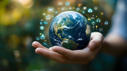 Fototapeta premium Hand with Earth Surrounded by Technology Icons: A hand holding the Earth, surrounded by floating technology icons, symbolizing the digital world's impact on the planet. 