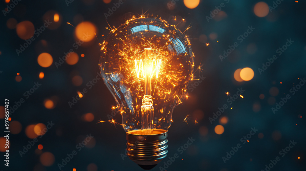 Aufkleber Exploding light bulb with bright sparklers inside against a dark background and orange bokeh