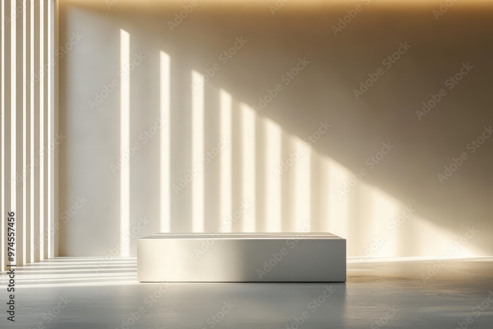 Poster A minimalist interior showcasing soft light and shadows on a simple rectangular structure.