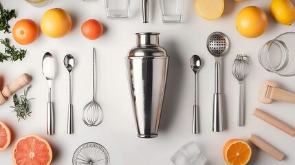 Cocktail Bar Tools and Citrus Fruits Flat Lay