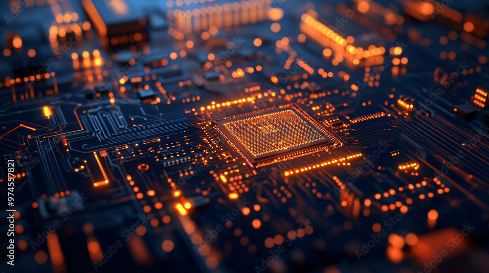 Leinwandbilder vibrant orange light emitted by a modern cpu illustrates the power and speed of technology, seamless
