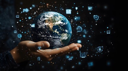 Hand with Earth Surrounded by Technology Icons: A hand holding the Earth, surrounded by floating technology icons, symbolizing the digital world's impact on the planet. 
