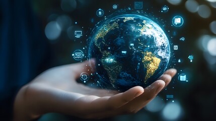 Hand with Earth Surrounded by Technology Icons: A hand holding the Earth, surrounded by floating technology icons, symbolizing the digital world's impact on the planet. 
